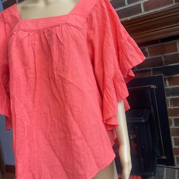 Terra & Sky Women’s‎ Plus Size 0X 14W Coral Orange Square Neck Blouse Ruffle New - Picture 7 of 16